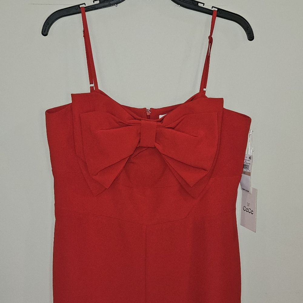 CeCe Front Bow Flare Leg Adjustable Thin Strap‎ Jumpsuit: Red: Size- 12